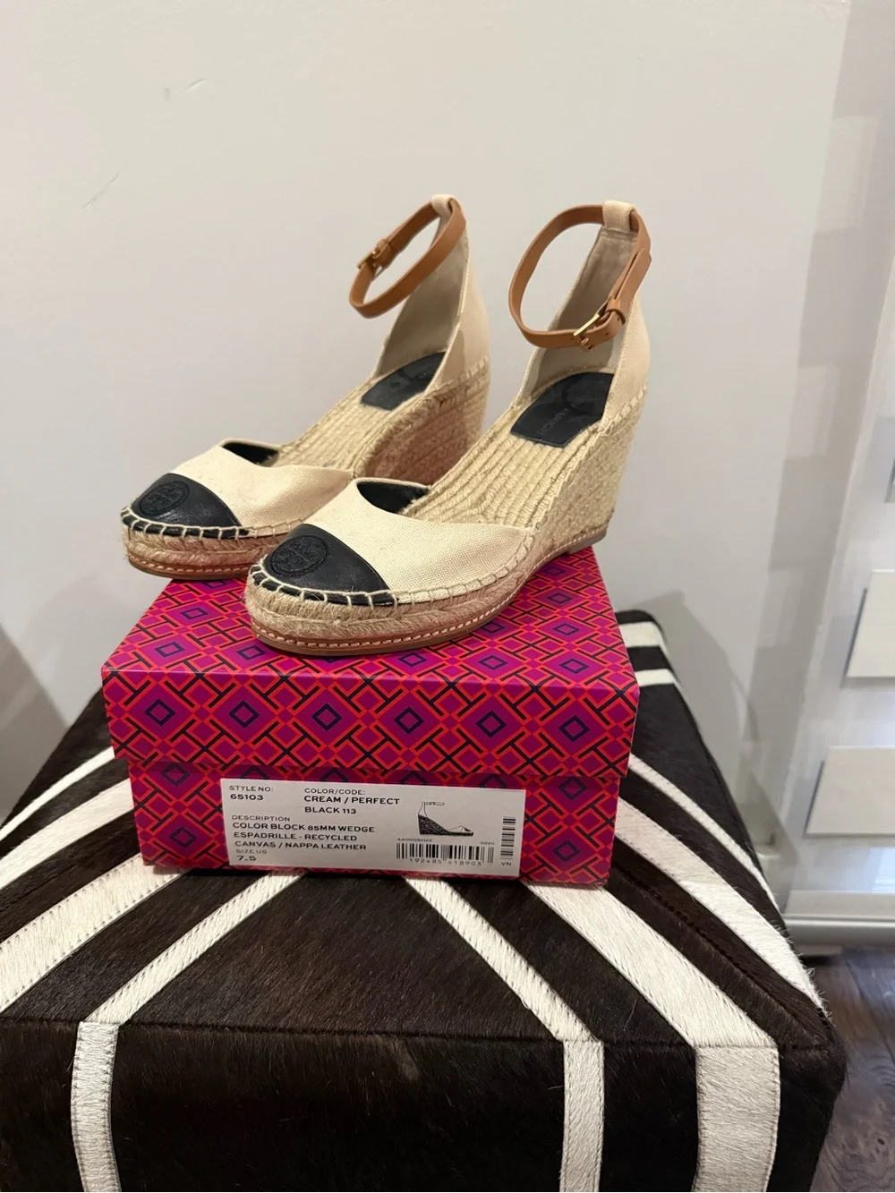 Tory Burch Cream Canvas Espadrille Wedge with Black Cap Toe